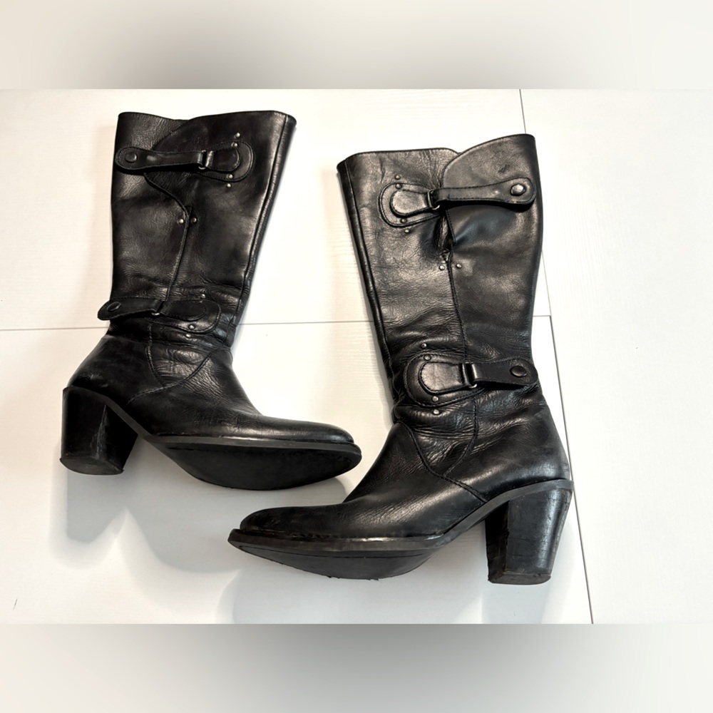 Duo Boots Black Leather With Silver Hardware Knee High Wide Calf Boots Size 8